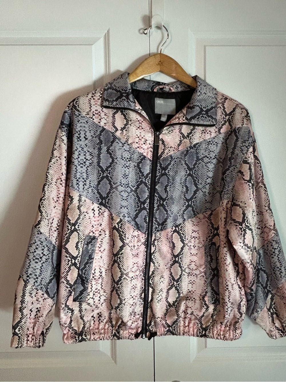 ASOS satin pink gray snakeskin print bomber jacket oversized full zip S